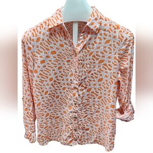 Chico's Women's Eclectic Orange and White Design Long Sleeve Blouse Size 1